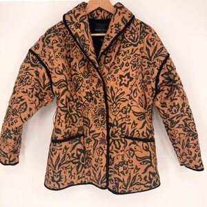 Quilted Floral Boho Block Print Jacket Camel Black Smalll Scandi‎ Shawl Collar